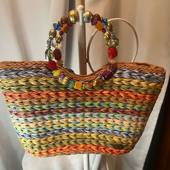 Vintage Straw  Rainbow Woven Handbag with Beaded Handle - Picture 6 of 8